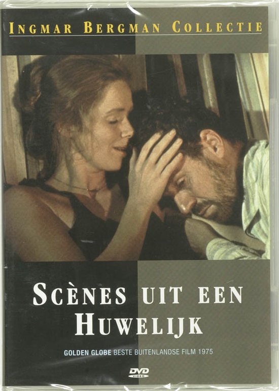 Scènes uit een Huwelijk DVD hoes met een vrouw die haar hand op het hoofd van een man legt. Tekst: Ingmar Bergman Collectie.