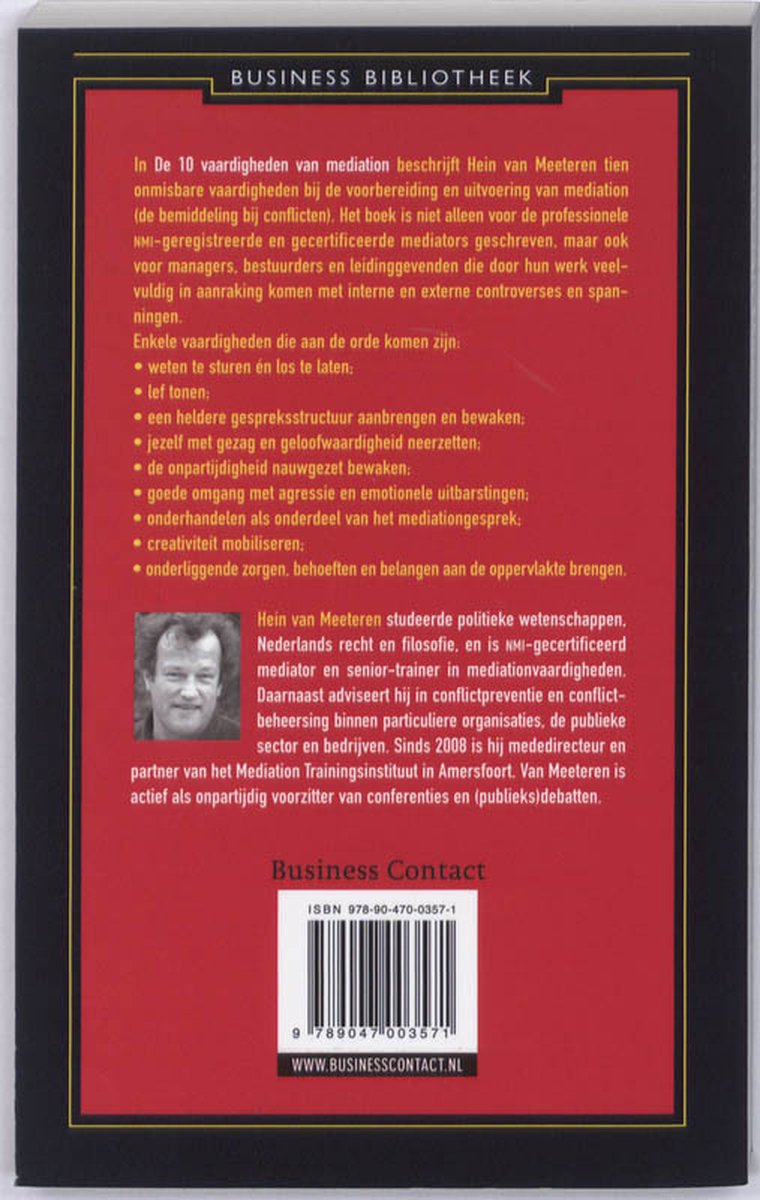 Achterkant boek 'De 10 vaardigheden van mediation' met tekst en een foto van Hein van Meeteren.