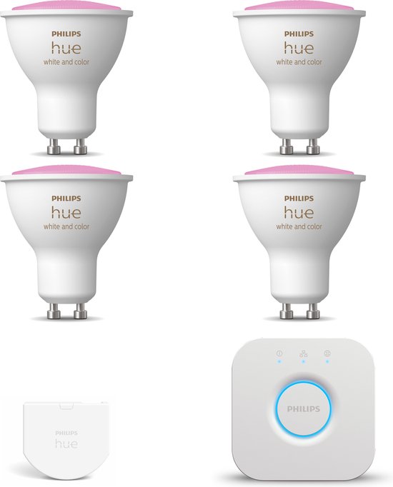 Philips Hue Starterspakket GU10 White and Color Ambiance - 4 Hue GU10 LED Lampen, Bridge en Wall Switch - Eenvoudige Installatie - Werkt met Alexa en Google Home