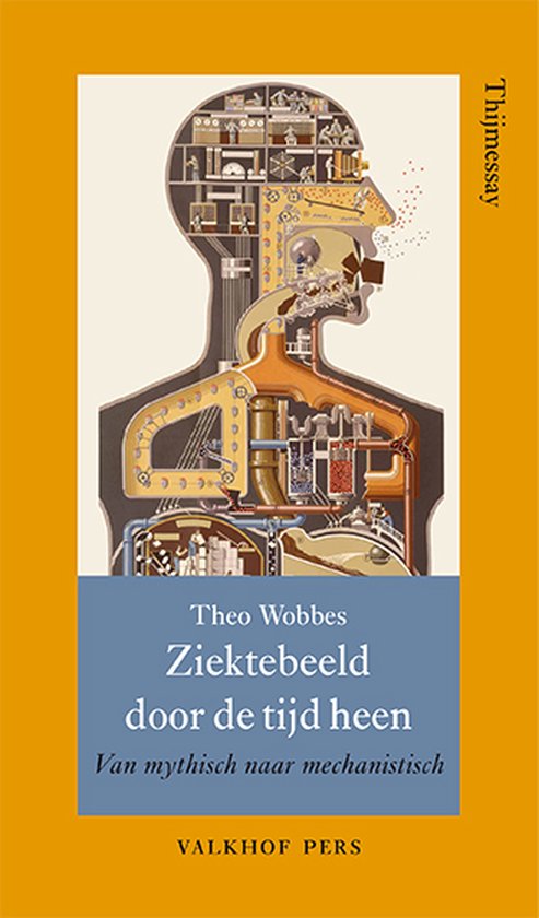 Boek met een illustratie van een mechanisch menselijk lichaam, met de titel 'Ziektebeeld door de tijd heen'.