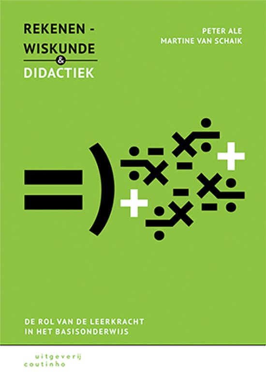 Boekomslag 'Rekenen - wiskunde & didactiek' met een groen met een grijze achtergrond. Een gelijkteken en een lachende mond worden gevolgd door wiskundige symbolen.