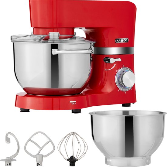 AREBOS Keukenmachine - 1500W - Keukenrobot - 5,5L&4,5L - Keukenmixer - Foodprocessor - Roestvrij Stalen Mengkom - 6 Snelheden - Rood