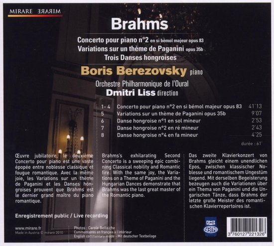 Bovenzijde van een cd-hoes met Boris Berezovsky, tekst 'Brahms' en tracklist.