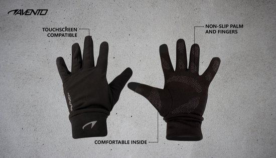 Zwarte sporthandschoenen van Avento. Links: compatibel met touchscreen. Rechts: antislip palm en vingers. Comfortabele binnenkant.