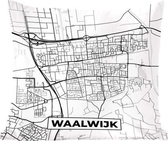 Sierkussen - Kaart Waalwijk - Zwart En Wit - 50 Cm X 50 Cm