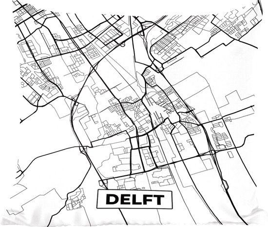 Sierkussen - Kaart Delft - Zwart En Wit - 50 Cm X 50 Cm