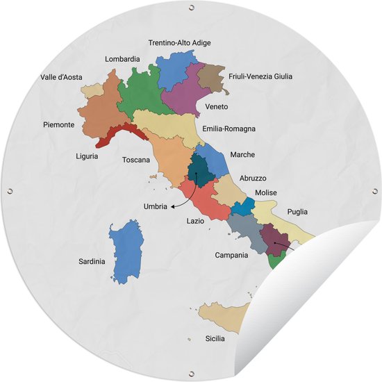 Tuincirkel Kaart met de regio's van Italië - 60x60 cm - Ronde Tuinposter - Buiten