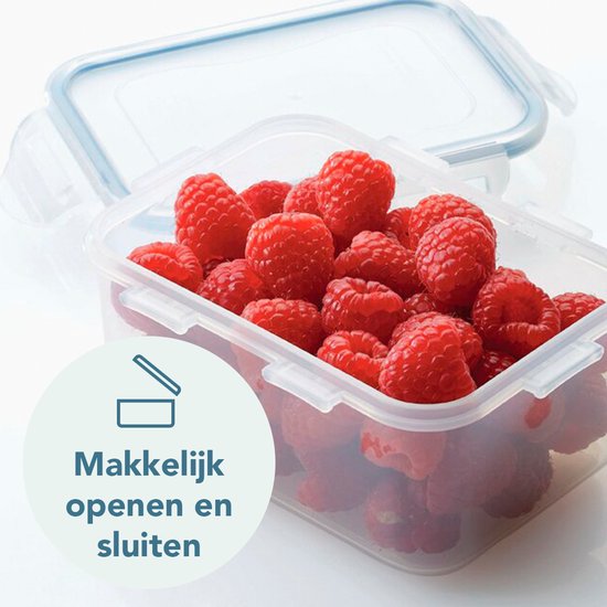 Boîte de conservation transparente avec couvercle bleu, remplie de framboises. Texte circulaire : 'Facile à ouvrir et à fermer'.