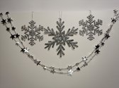 Kerstboom decoratie - Kerstboomhanger -  Sneeuwvlokken groot en klein - Slinger Ster 2,7 m - Zilver - Glitter - Voordeel set van 4 stuks