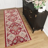 Tapiso Dubai Tapijt Loper Rood Bloemenprint Woonkamer Hal Slaapkamer Maat – 100x300