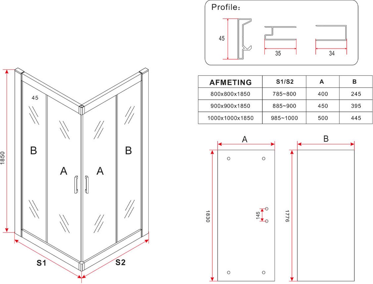 Diamond Line Enza Douchecabine 80x80 Vierkant Mat Zwart