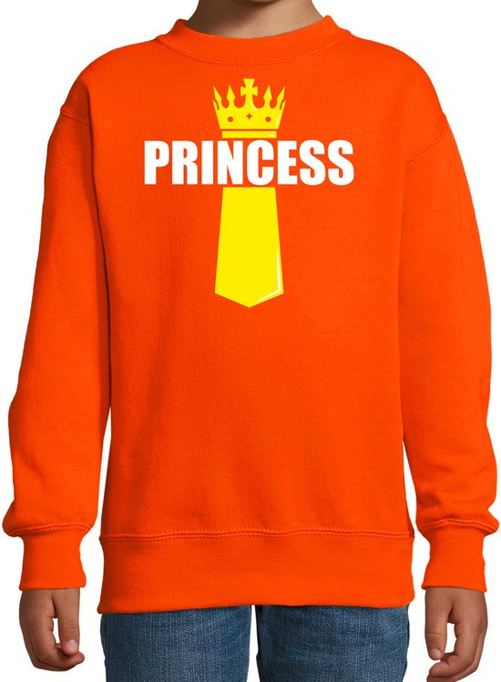 Koningsdag sweater Princess met kroontje oranje - kinderen - Kingsday outfit / kleding / trui 130/140 (9-10 jaar)