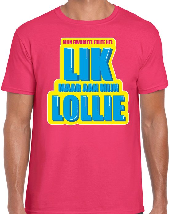 Bellatio Decorations Foute party T-shirt heren - roze - Lik maar aan mijn lollie - carnaval / themafeest S