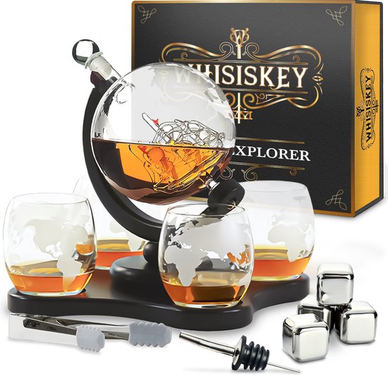 Whisiskey Whiskey Karaf - Wereldbol - Luxe Whisky Karaf Set - Whiskey Set - 0,9 L - Decanteer Karaf - Incl. 4 RVS Whiskey Stones, Schenktuit en 4 Whiskey Glazen - Cadeau voor Man & Vrouw