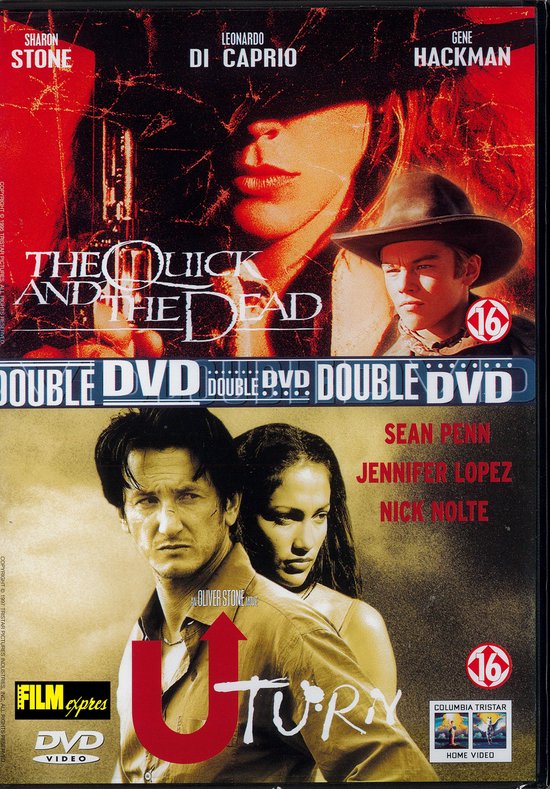 DVD-hoes met posters van "The Quick and the Dead" en "U-Turn". "The Quick and the Dead" toont Sharon Stone en Leonardo DiCaprio. "U-Turn" toont Sean Penn en Jennifer Lopez.