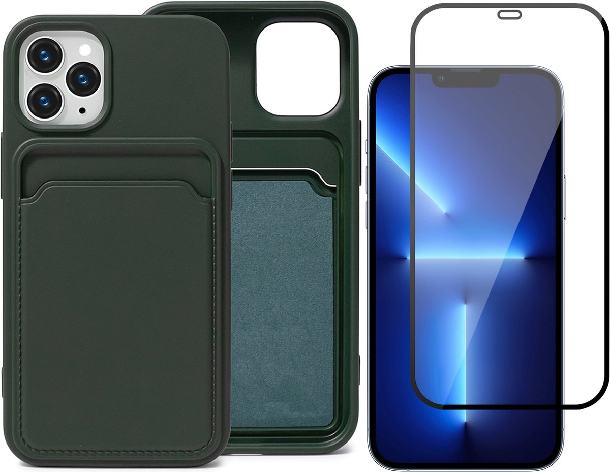 Groen Pasjeshouder Hoesje geschikt voor Apple iPhone 13 Pro - Screenprotector Glas - Backcover