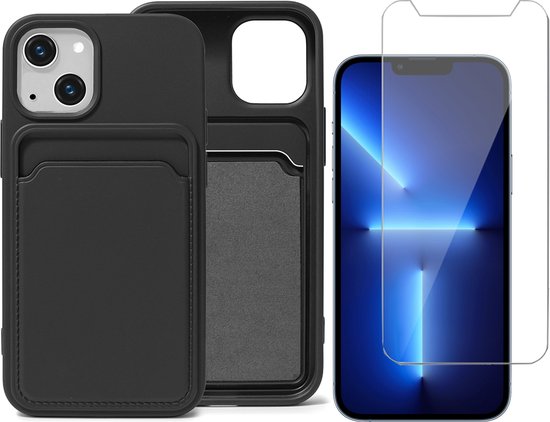 Étui noir porte-cartes pour Apple iPhone 13 - Verre de protection d'écran pour Apple iPhone 13 - Étui pour iPhone 13 avec porte-cartes et verre de protection d'écran - Étui en silicone pour iPhone 13 avec porte-cartes - Étui arrière pour iPhone 13