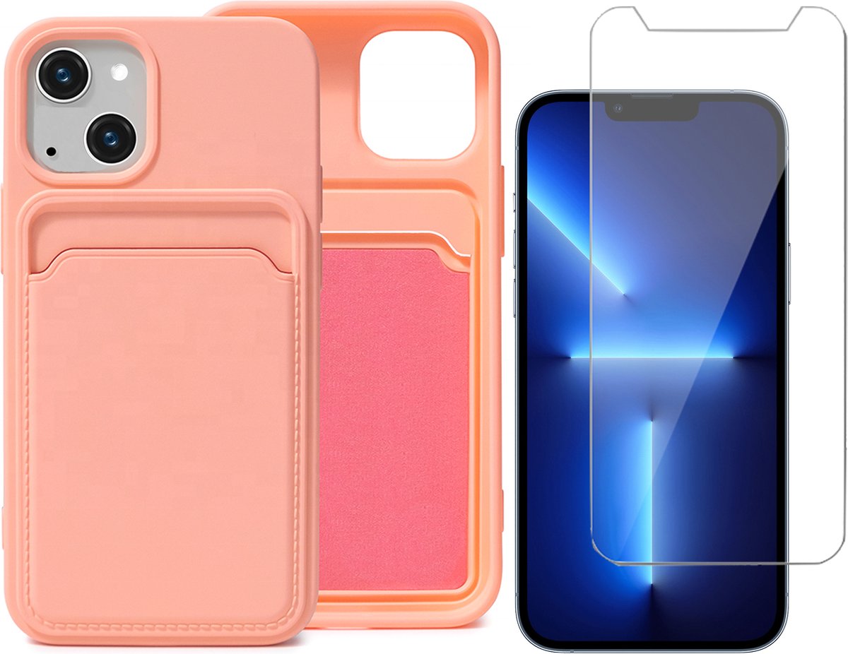 Roze Pasjeshouder Hoesje geschikt voor Apple iPhone 13 Mini - Screenprotector Glas - Kaart TPU Backcover