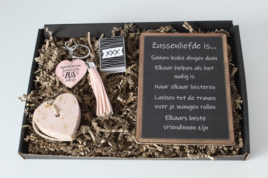Brievenbus cadeau Zussen liefde - cadeau zus - sleutelhanger - zeep -  tekstbord | bol.com