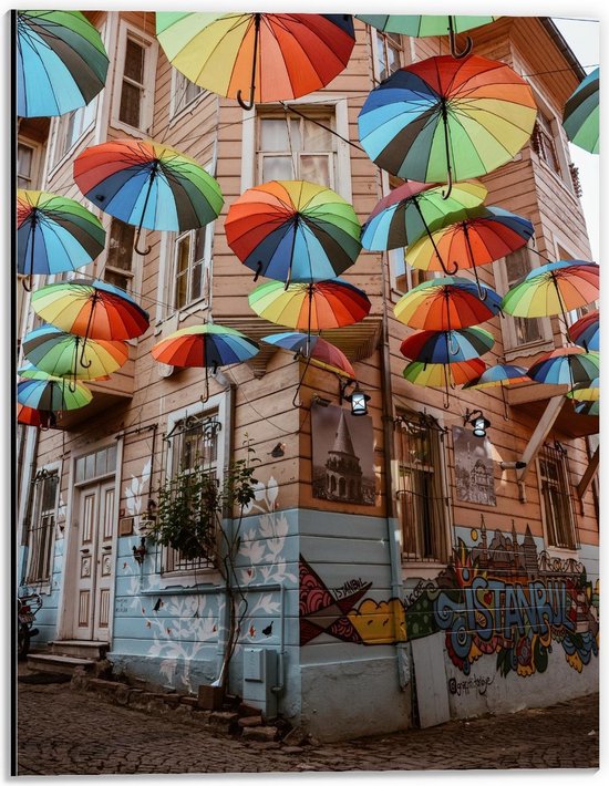 Dibond - Gekleurde Parapluutjes in Stad - 30x40cm Foto op Aluminium (Wanddecoratie van metaal)
