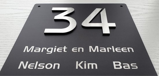 zwart rvs naambordje voordeur met rvs opliggende cijfers 15x15cm | zwart  rvs naamplaatje | bol.com