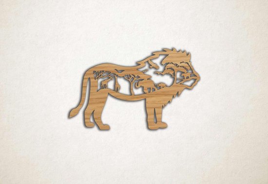 Wanddecoratie - Leeuw met wilde dieren - M - 56x90cm - Eiken - muurdecoratie - Line Art