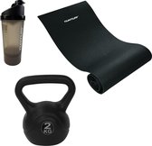 Tunturi - Fitness Set - Kettlebell 2kg - Fitnessmat 160 x 60 x 0,7 cm - Shakebeker
