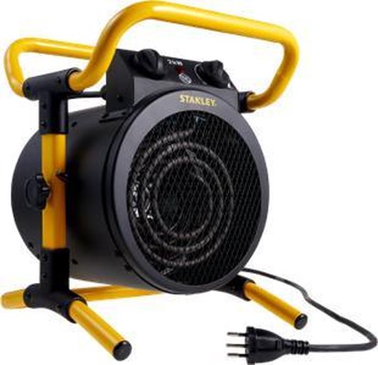 Stanley kachel met 2 kW vermogen, gele steunpoten en aansluitkabel.