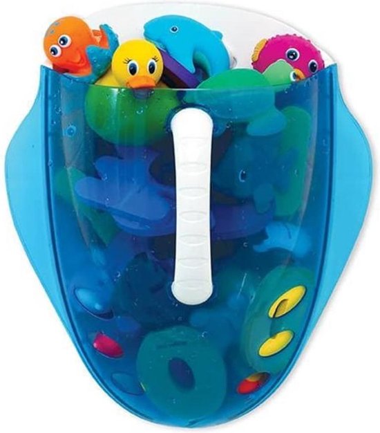 Blauwe badspeelgoed organizer met diverse zeedieren zoals een octopus, dolfijn en vis, met witte handgreep.