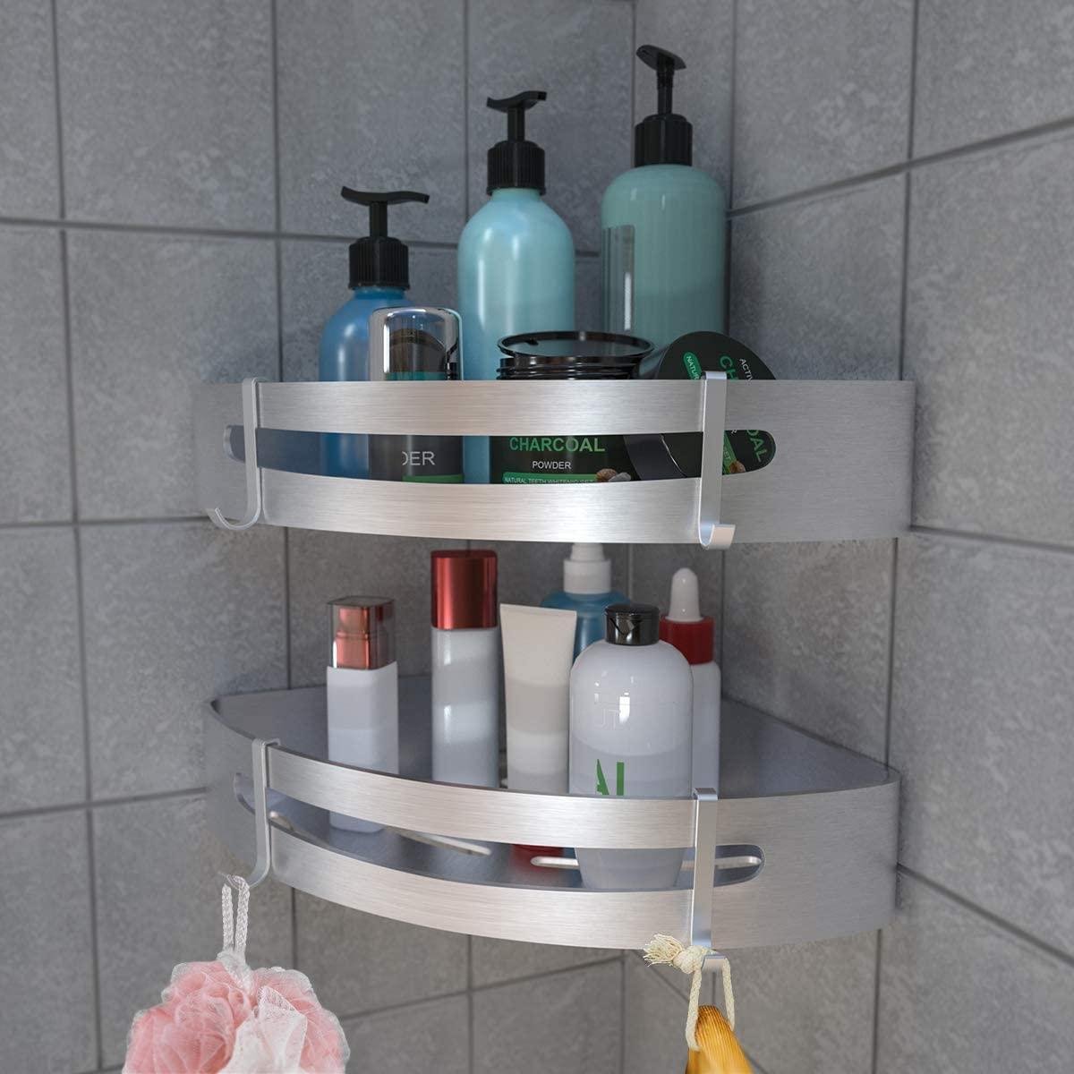 Étagère De Douche D'angle Sans Perçage - 2 Paniers Aluminium Argenté