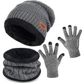 Geweo Hat Snood Gants Set - Bonnet chaud tricoté Baggy - Bonnet d'hiver doublé en laine - Unisexe - Cadeau de Noël - Grijs