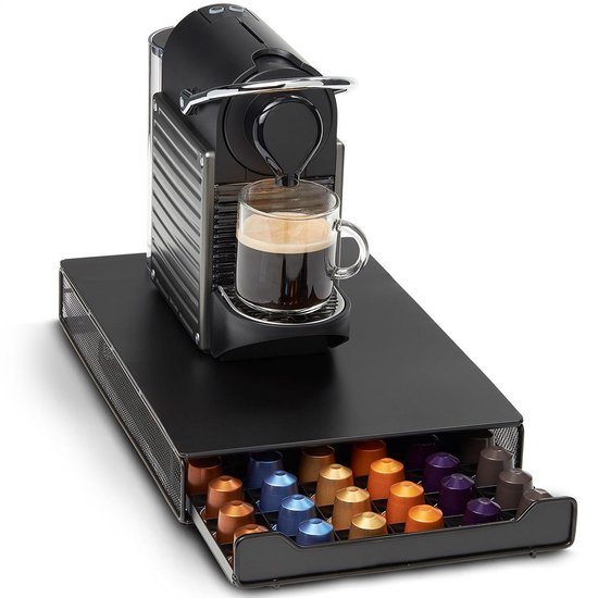 KitchenBrothers Capsule Houder met Lade - Geschikt voor Nespresso - Espresso Koffie Pad en Cups Houder - 60 Capsules - RVS - Zwart