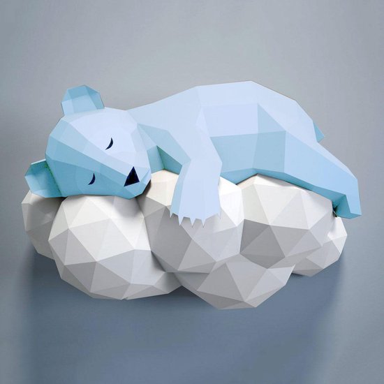 Foto: 3d papercraft kit slapend beertje compleet knutselpakket met snijmat liniaal vouwbeen mesje 60 cm blauw wit