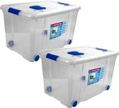 2x Opbergboxen/opbergdozen met deksel en wieltjes 55 liter kunststof transparant/blauw - 59 x 40 x 35 cm - Opbergbakken
