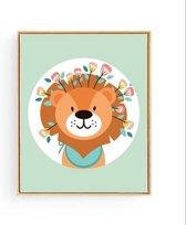 Poster Leeuw Groen met Bloemetje - 70x50cm - Dieren - Baby / Kinderkamer Muurdecoratie