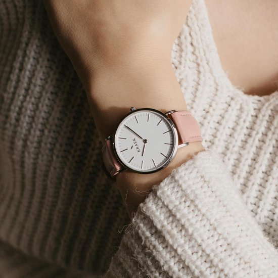KRAEK Lisa Zilver Wit 36 mm | Dames Horloge | Roze Leren Horlogebandje | Rond | Minimaal Design