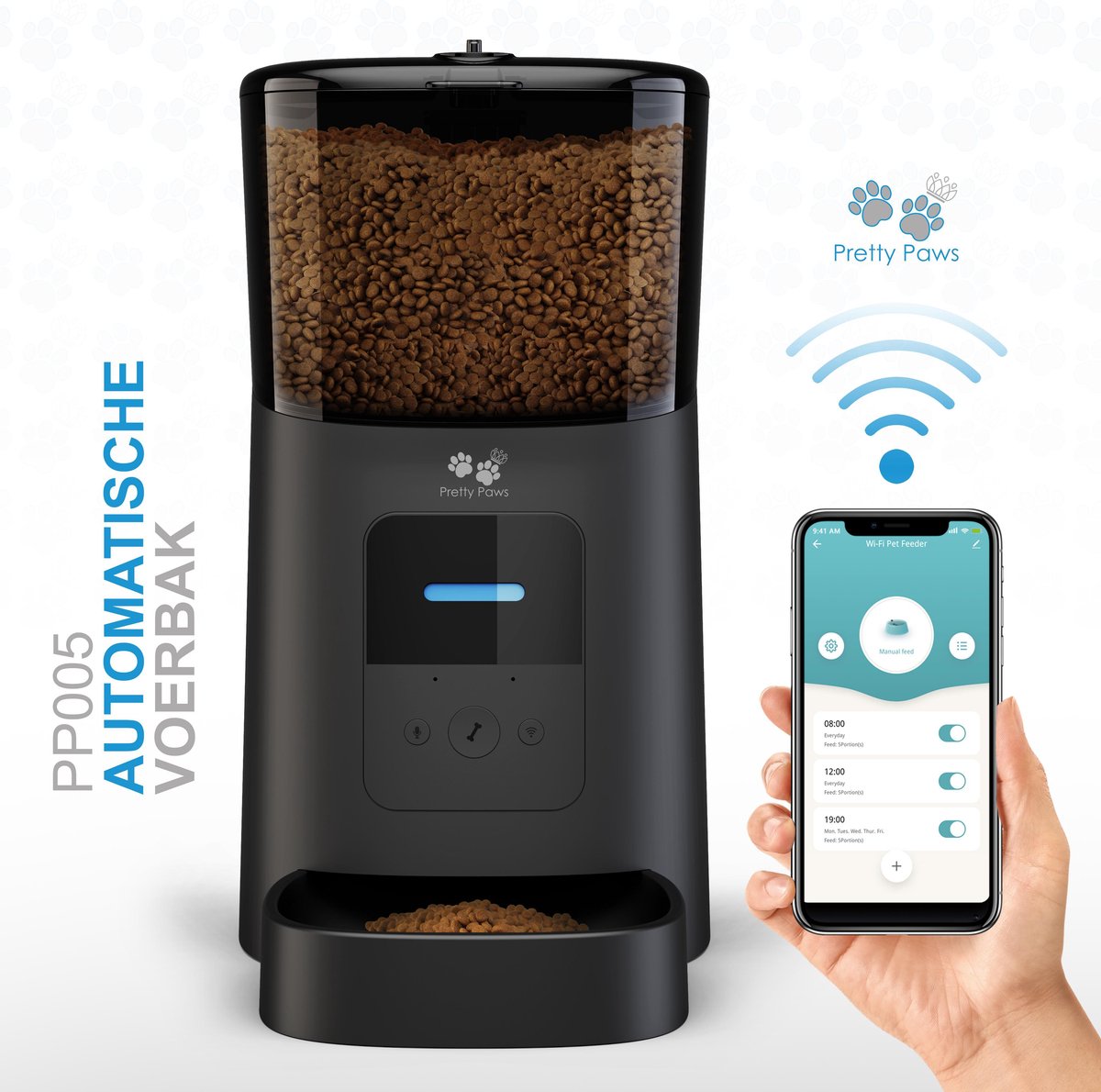 Pretty Paws - PP005 - Wifi Voerautomaat Zwart - Automatische Voerbak - Slimme Voerautomaat met App