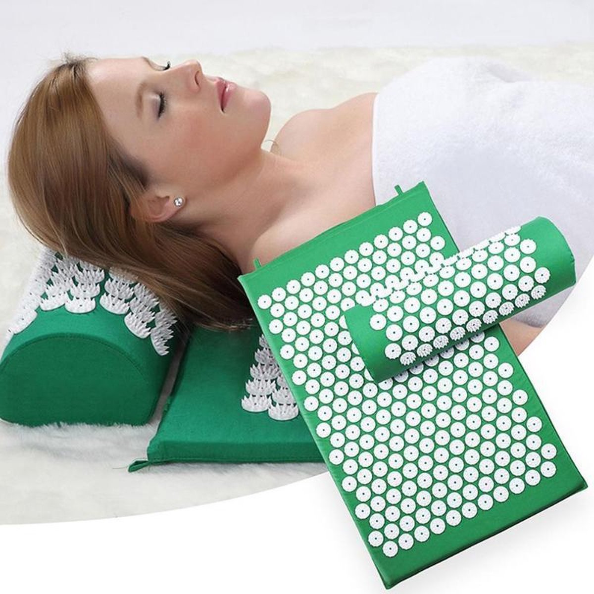 Goedkoopste Acupressuurmat met kussen en opberghoes lichtgroen, Drukpunten Acupressuur mat, Drukpunt mat, Zen mat, Anti-stress mat, Spijkermat, Massage mat, Acupunctuur mat