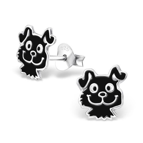 Aramat jewels ® - Zilveren kinder oorbellen hondje 925 zilver zwart 8mm x 9mm