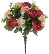 Rode hortensia/ranonkel mix boeket kunstbloemen 35 cm - Rodetinten - Hydrangea/Ranunculus - Woondecoratie