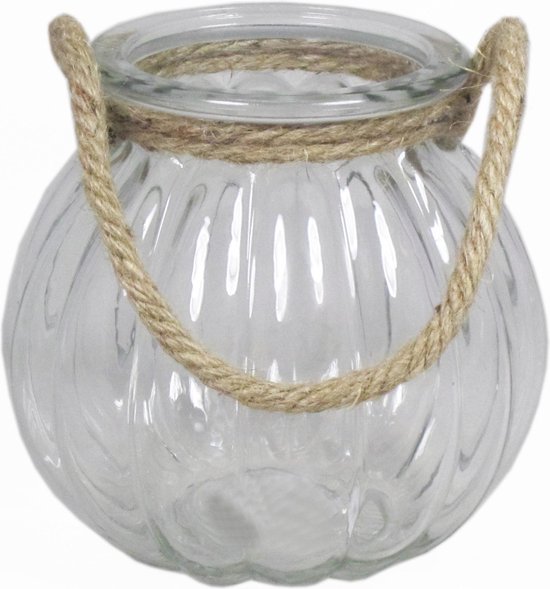 Glazen ronde windlicht 2 liter met touw hengsel/handvat 14,5 x 14,5 cm - 2000 ml - Kaarsen - Waxinelichtjes.