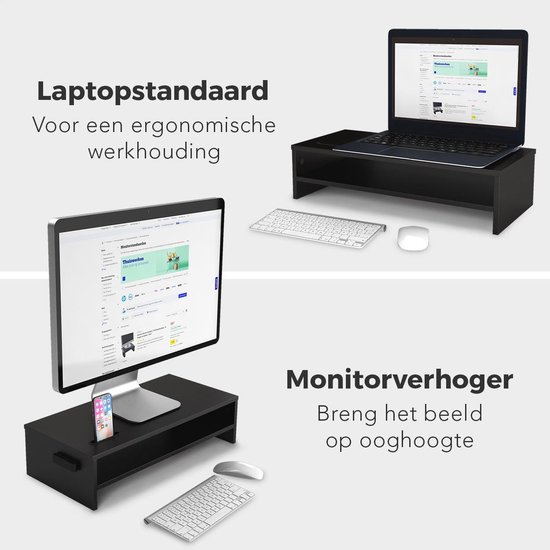LifeGoods Monitor Verhoger (Breed) - Laptop Standaard met Telefoonhouder - 54,00 x 25,50 x 14,20 cm - Hout - Zwart