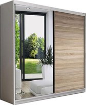 InspireMe -Zweefdeurkast Kledingkast met Spiegel Garderobekast met planken en kledingstang - 150x61x200 cm (BxDxH) - LARA 05 (Wit+Sonoma)