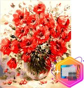 Pcasso ® Rode Bloemen In Vaas – Schilderen Op Nummer –  Incl. 6 Ergonomische Penselen En Geschenkverpakking - Schilderen Op Nummer Dieren - Schilderen Op Nummer Volwassenen & Kinderen – Kleur