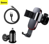Baseus Autohouder Aluminium | Starterkit | Compleet Set geschikt voor iPhone | Telefoonhouder | Autolader dubbel USB 3.1 A | Lightning Kabel |