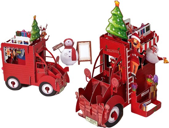 Popcards popup kerstkaarten – Kerstkaart vrolijke kerstman Citroën 2CV eend auto Sneeuwpop Cadeautjes pop-up kaart 3D wenskaart