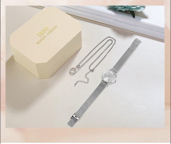 Boerni Aibisino Horloge en Ketting Zilver kleur luxe geschenk set | Crystal glass | Premium kwaliteit uurwerk Quartz Japan | Mineraal | Geschenk | Fashion | Elegant | Dames | Vrouw |  Black Friday