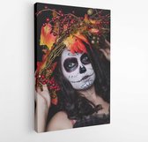 Portrait of calavera with wreath on head. Close up. Model posing on camera - Modern Art Canvas -Vertical - 722663368 - 40-30 Vertical