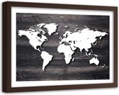 Foto in frame , Wereld op grijs hout , 120x80cm , grijs beige , wanddecoratie