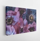 Fine art still life floral pastel color macro of a bouquet / bunch / collage of pink and violet blue anemone blossoms with detailed texture in vintage painting style - Modern Art C